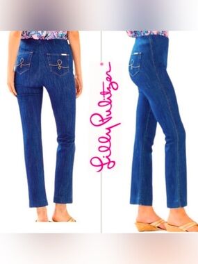 Lilly Pulitzer Ocean Cay High Rise Blue Flare Cropped Stretch Jeans Size 8